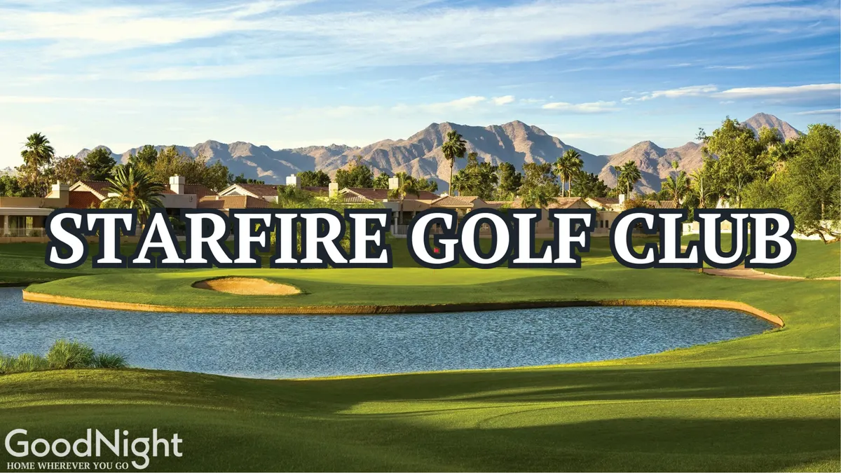 A broad exterior shot of a lush golf course with rolling greens, palm trees, a stylish clubhouse, water features, and mountains in the background. The atmosphere is tranquil yet recreational, suggesting options for active leisure and scenic enjoyment just beyond the condo complex.
