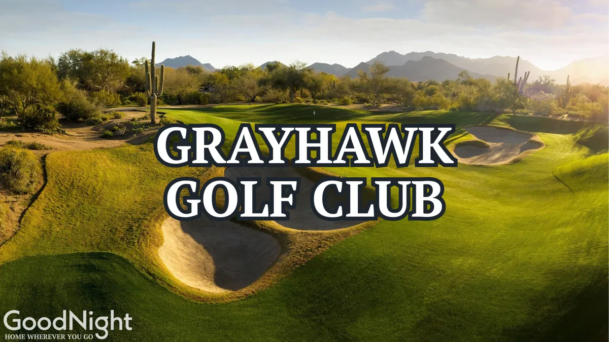 A lush green golf course framed by sand traps, cacti, and a dramatic mountain backdrop under a clear sky. The expansive outdoor space invites recreation, relaxation, and enjoyment of natural beauty.